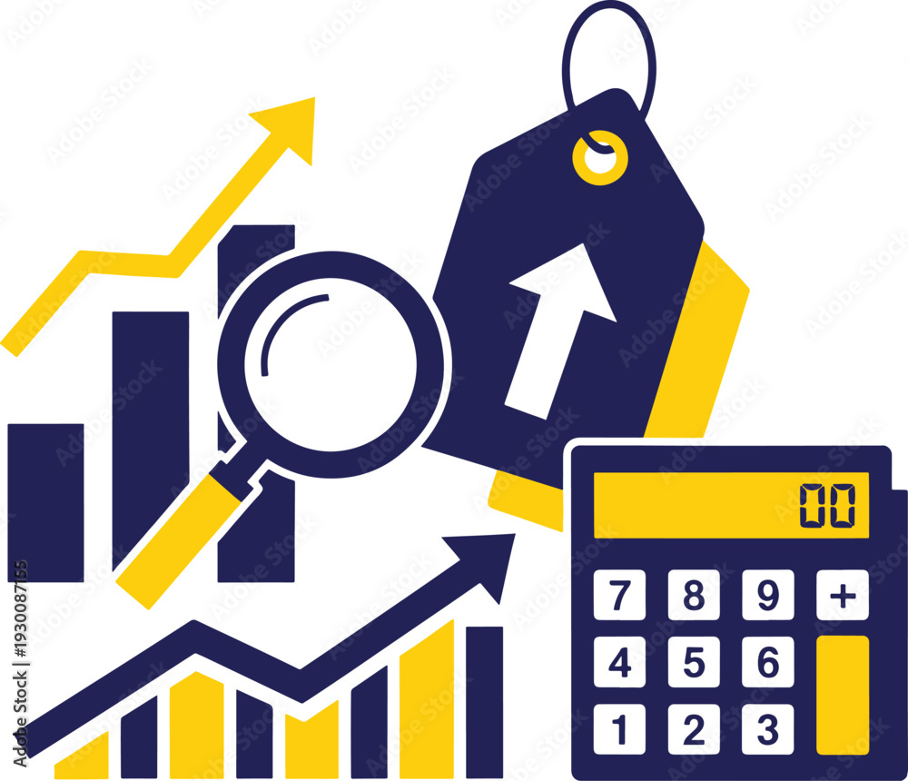 Obraz premium Business analytics calculator with price tag and magnifying glass