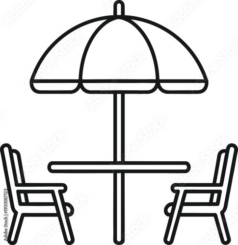 Minimalist Outline Icon Vector Illustration of Outdoor Patio Table with Umbrella and Two Chairs for Cafe, Leisure, and Summer Concepts