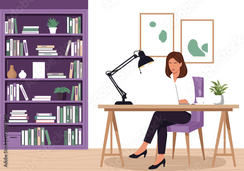 Modern Home Office Interior Vector Illustration of a Woman Working at a Desk Next to a Large Purple Bookcase and Decorative Art.