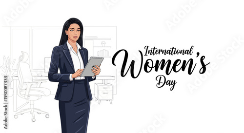 Illustration of a professional woman in a business suit holding a tablet for International Women's Day with a modern office background and a design that promotes Gender Equality and Women