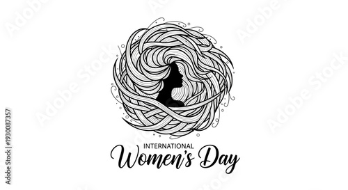 Black and white illustration of a woman's silhouette in a nest-like design with International Women's Day text on a white background, conveying a strong feminist message with simple lines.