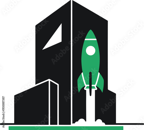 A launching rocket next to abstract buildings, symbolizing startup and progress