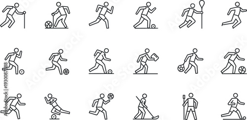 Collection of simple line icons depicting various sports activities and athletes in different dynamic poses and actions