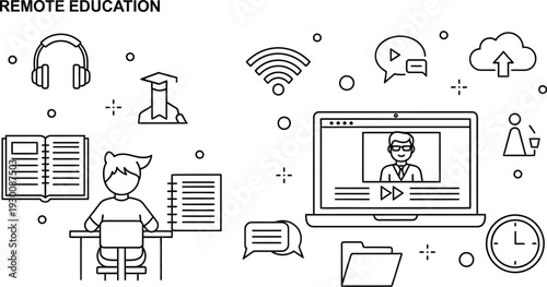 Online learning and remote education concept with student studying on laptop and teacher on video call together