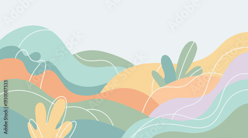 Abstract landscape illustration with wavy hills and soft pastel colors