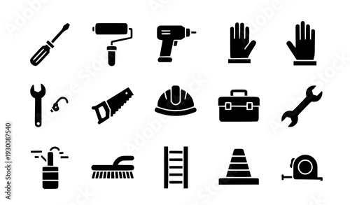 Construction Tools Solid Icon Pack Handyman Equipment Filled Glyph Vector Set