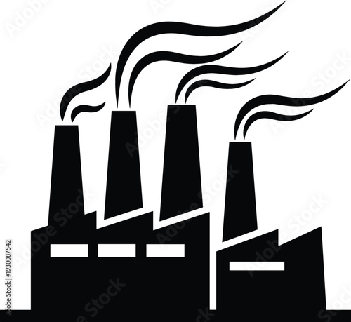 Simple black silhouette icon of a factory building with smoking chimney stacks, symbolizing industrial production and manufacturing.