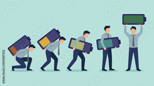 Businessman's energy progression from low charge to full power and success