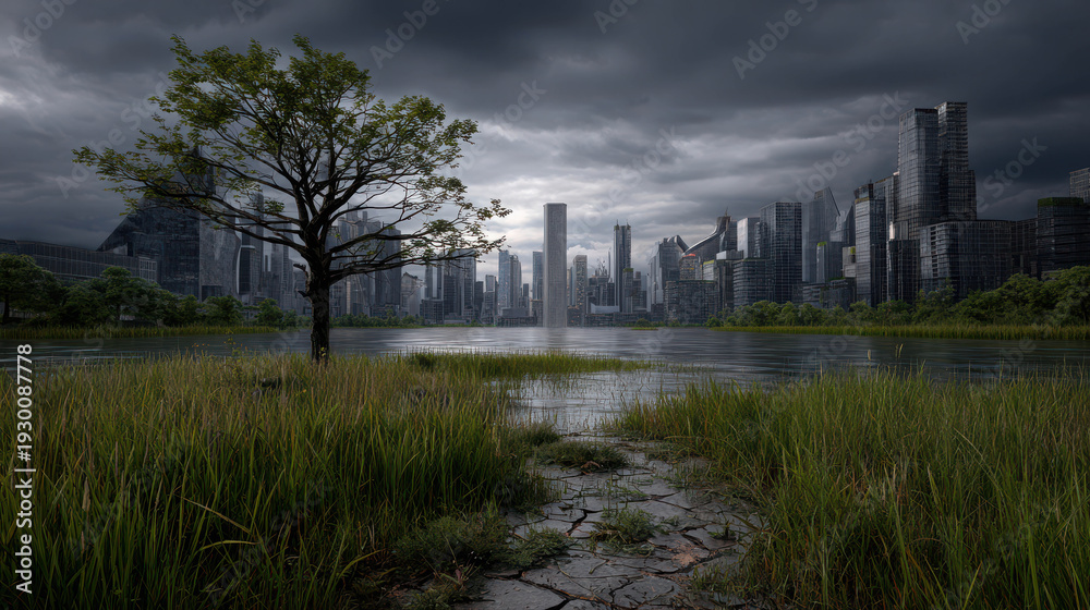 Fototapeta premium Futuristic Cityscape with Dramatic Sky and Serene Water Reflection