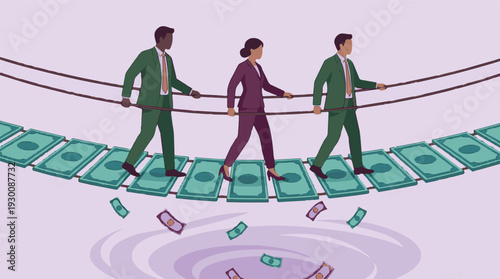Business professionals navigate financial risk on a wobbly money bridge