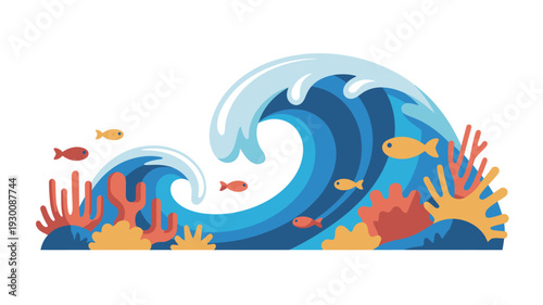 Big ocean wave fish coral illustration