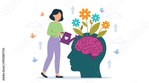 Woman nurturing brain with flowers, symbolizing mental health and growth