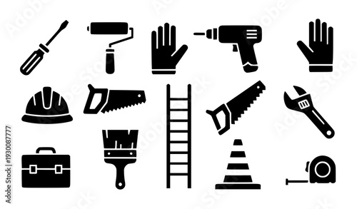 Handyman Equipment Solid Glyph Icons Construction Tool Filled Vector Illustration