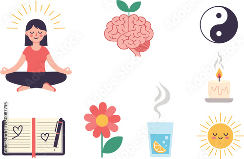 Vector Icon Set for Holistic Wellness and Self-Care, Including Meditation, Brain Health, Yin Yang, Journaling, and Healthy Lifestyle Symbols.