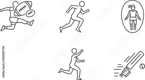 Collection of simple line drawings depicting various sports actions and athletes in dynamic poses on white background