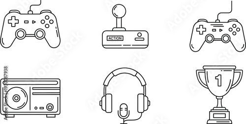 Gaming icons collection featuring controllers, joystick, dvd player, headphones, and trophy on white background perfectly designed