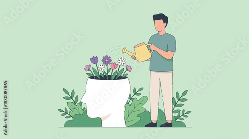Man nurturing mental health by watering flowers growing from head