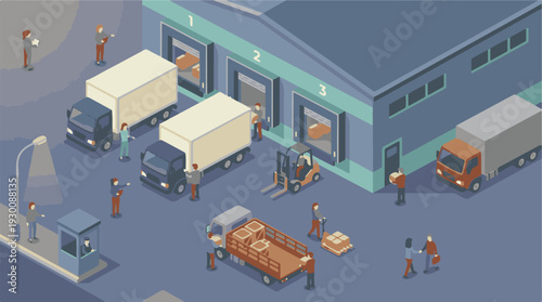 Warehouse and logistics center with workers loading and unloading trucks