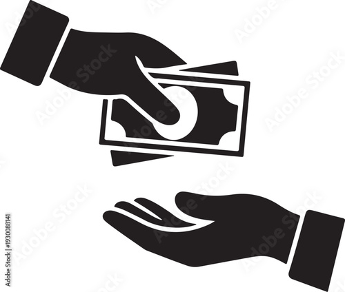 Black and white of hand passing dollar bill to another hand