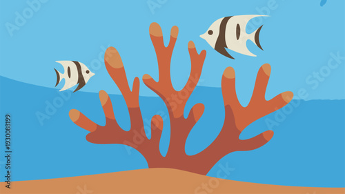 Cartoon fish swimming above coral reef