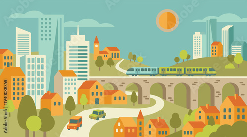 Flat design cityscape illustration featuring buildings, train, cars, and hills