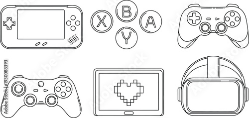 Gaming devices including controllers game console and virtual reality headset in simple line art illustration style