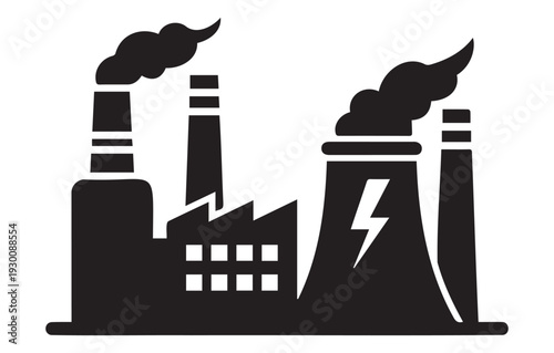A black and white illustration of a factory with smokestacks