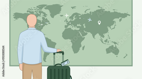Traveler planning an international journey with a world map and luggage