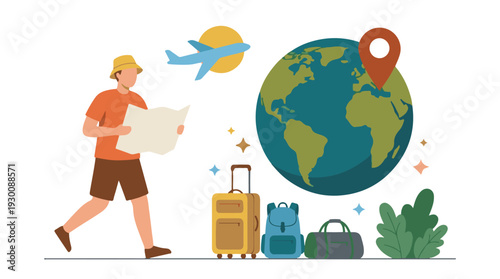 Traveler planning a global journey with luggage and map illustration