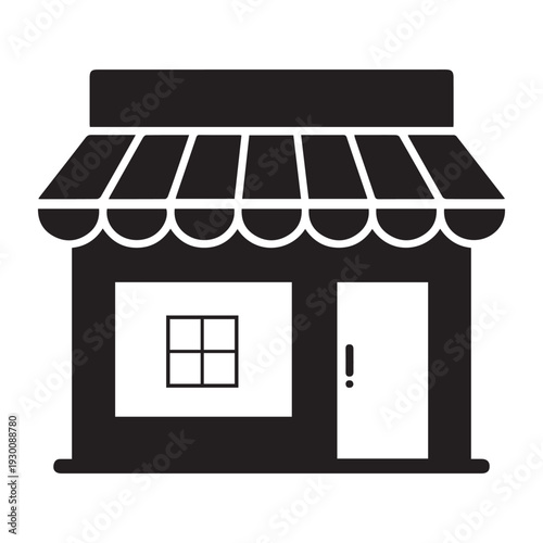 A simple black and white drawing of a storefront