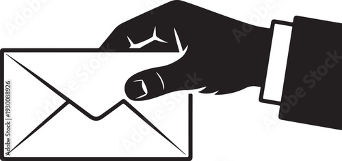 Black hand holding white envelope monochrome