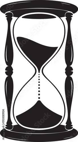 Black hourglass with sand flowing down sand timer white background