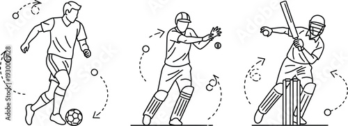 Engaging sports illustration showcasing soccer baseball and cricket players in action with dynamic movement lines