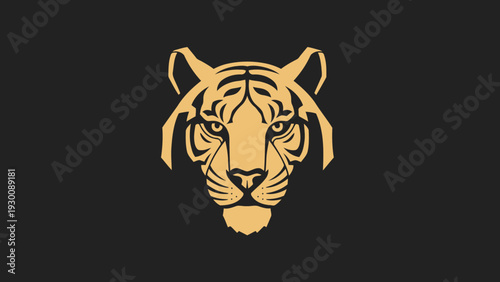 Golden Tiger Head Emblem on Black Background.