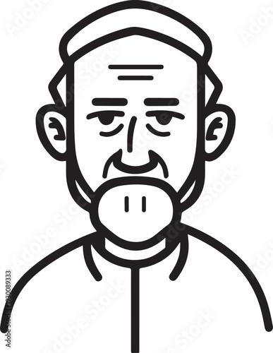 Hand Drawn Old Man Black and White Avatar Illustration in Minimal Line Art Style Design