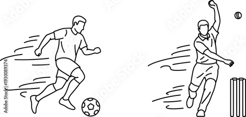 People enthusiastically playing soccer and cricket in a simple line art illustration style on a white background
