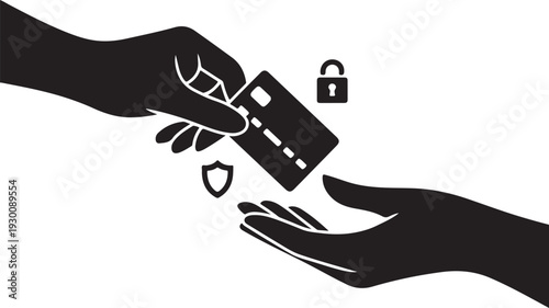 Black silhouette hands exchanging credit card with lock and shield symbols