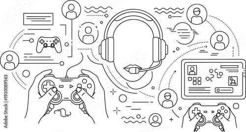 Online multiplayer gaming community interacting through headsets and controllers with digital avatars and chat interfaces