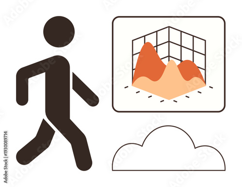 Business analysis, technology, cloud computing, data visualization, forecasting, productivity. A walking figure next to a graph chart and cloud icon. Data visualization and cloud computing concept