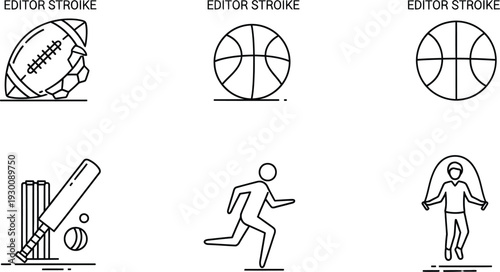 Collection of simple line art sports icons featuring various athletic activities and equipment in a minimalist design style