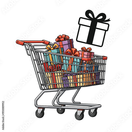 Shopping cart full of colorful gifts and a wrapped present floating above it, vector illustration