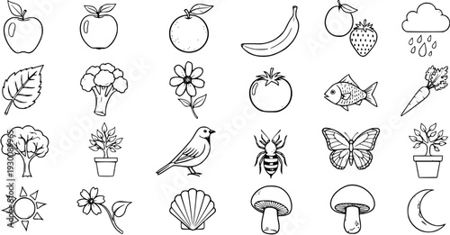 Nature Icons: A Collection of Line Art Illustrations for Ecology, Food, and Wildlife