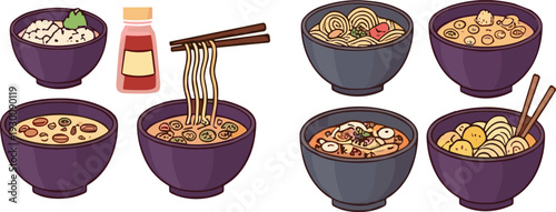 Asian Noodle Soup Bowl Set with Chopsticks and Ramen Ingredients Hand Drawn Food Vector Illustration