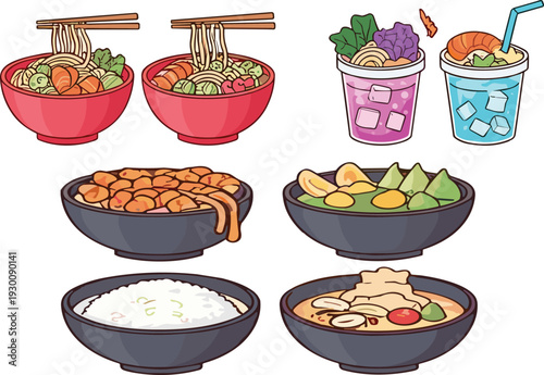 Asian Food Bowl Collection with Noodles Rice Seafood and Refreshing Drinks Hand Drawn Vector Illustration