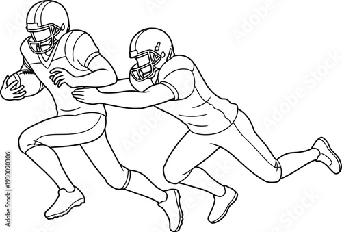 American football players in action with one player tackling another during a competitive match