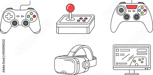 Collection of gaming devices including controllers joystick virtual reality headset and computer monitor for entertainment purposes illustrated