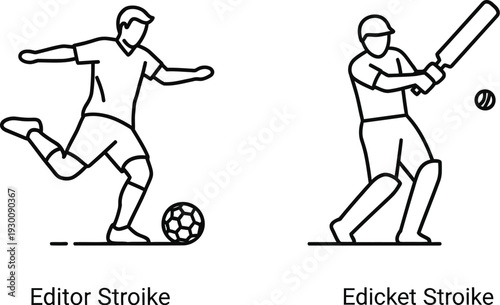 simple black and white illustration depicting soccer and cricket players in action with text labels editor stroike