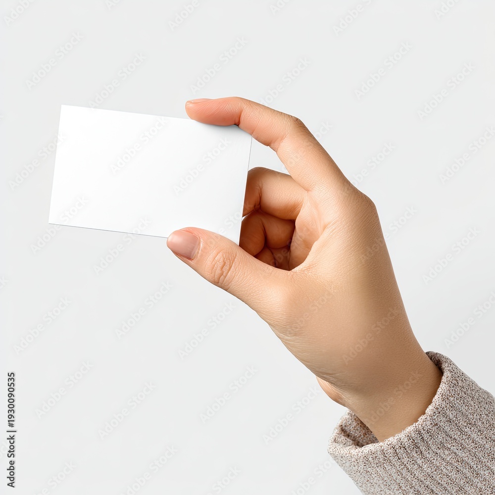 Obraz premium Close-up of a hand holding a blank white rectangular card, against a light backdrop