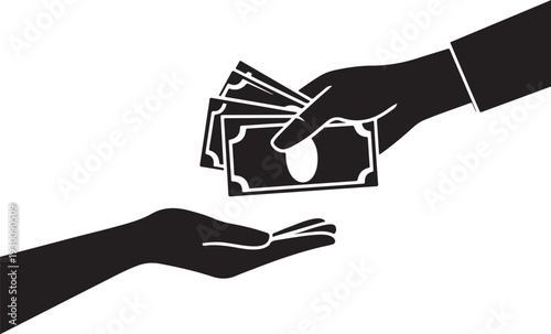 Black silhouette of two hands exchanging money white background