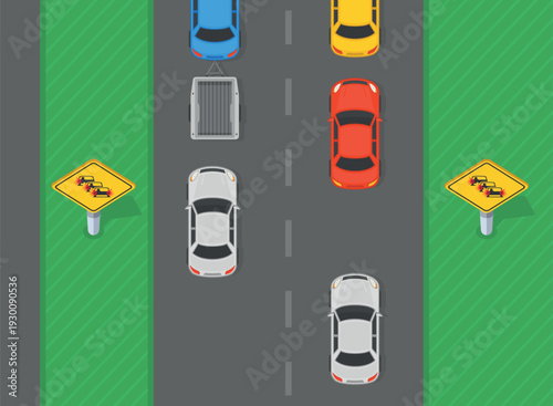 Traffic regulation rules and tips. Top view of a traffic flow. White sedan is approaching the "traffic queues or congestion" sign area. Flat vector illustration template